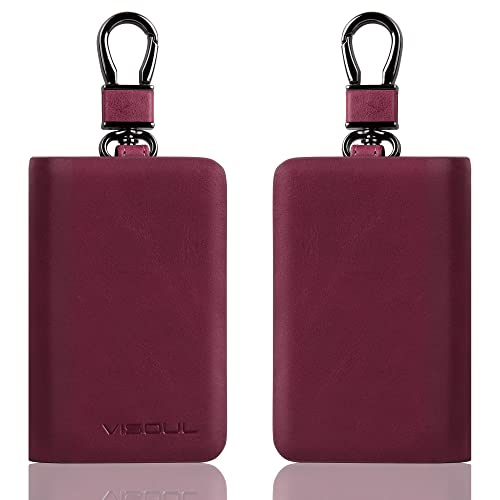 VISOUL Car Key Case Holder Double Zipper, Leather Car Smart Key Fob Case with Keychain for Men and Women - color: Dark Purple