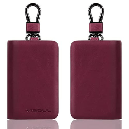 VISOUL Car Key Case Holder Double Zipper, Leather Car Smart Key Fob Case with Keychain for Men and Women - color: Dark Purple