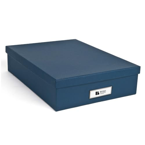 Bigso Oskar Fiberboard Label Frame Document Letter Box - File Organizer Box for Important Paperwork - Document Storage with a Lid & Metal Label Window - 3.3 in x 10.2 in x 13.8 in - Dark Blue - color: Dark Blue, size: 1 Pack