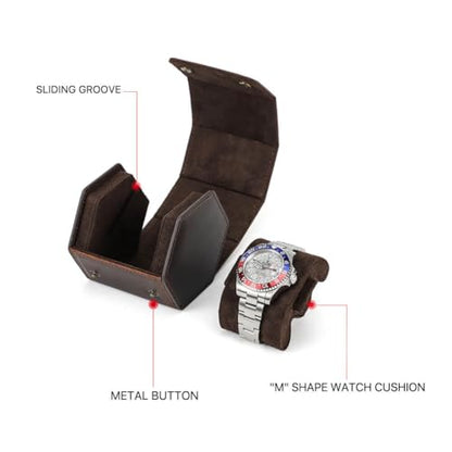 Hiram Genuine Leather Hexagon Watch Roll Travel Case, Leather 1-Watches Roll Case with Removable Pillow Cushion for Treasured Watches and Bracelets - color: Brown, size: 1-slots
