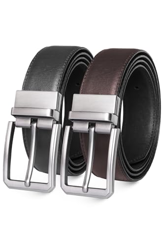 Men’s Casual Leather Belts - Reversible Belts For Men - Dual Side Adjustable buckle Dress Pants Mens Belts - color: Silver Straight Buckle - Reversible Leather Belt, size: 46" - 48" Waist Adjustable