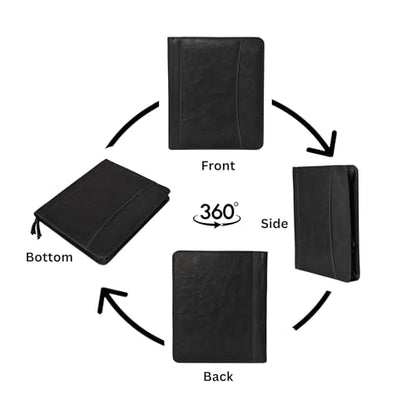 Leather Business Portfolio Padfolio Document Organizer with Writing Pad Resume Professional Interview Zipper Writing Notepad Folder for Men Women (Black) | Business Portfolio with Legal Pad Holder, Card Slots, Pen Holder, Document Folder for Office, Meeti