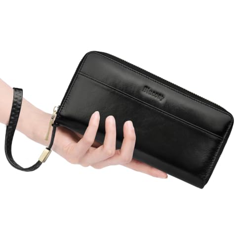 Real Leather Wristlet Wallet Women With RFID Blocking(ypblack) | Large capacity design,12 credit card slots,1 Inner zipper coin pocket,2 Full-length receipt slots,2 cash compartments - color: b1-Oiled leather black