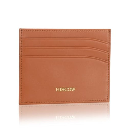 HISCOW Slim Full Grain Leather Card Holder, Cognac | Men's minimalist EDC wallet, front pocket carry, 6 credit card slots & center pocket, fits folded bills, premium gift box - color: Cognac