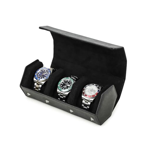 Hiram Genuine Leather Hexagon Watch Roll Travel Case, Leather 3-Watches Roll Case with Removable Pillow Cushion for Treasured Watches and Bracelets -Black - color: Black, size: 3-slots