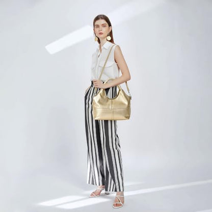 KOGTLA Medium Vegan Leather Purses for Women with Detachable Satchel Strap, Ladies Handbags, Tote Hobo Bags with Two-Handle - color: Gold