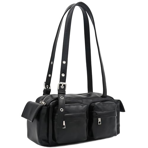 Glossy PU Leather Multi Pocket Shoulder Bag | Glossy Faux Leather - color: A Black