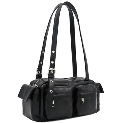 Glossy PU Leather Multi Pocket Shoulder Bag | Glossy Faux Leather - color: A Black