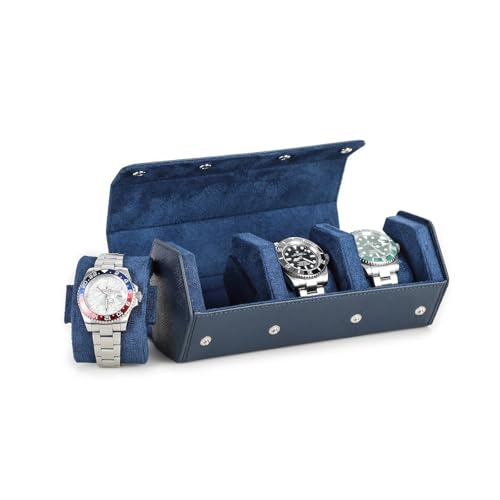 Hiram Genuine Leather Hexagon Watch Roll Travel Case, Leather 3-Watches Roll Case with Removable Pillow Cushion for Treasured Watches and Bracelets -Blue - color: Blue, size: 3-slots