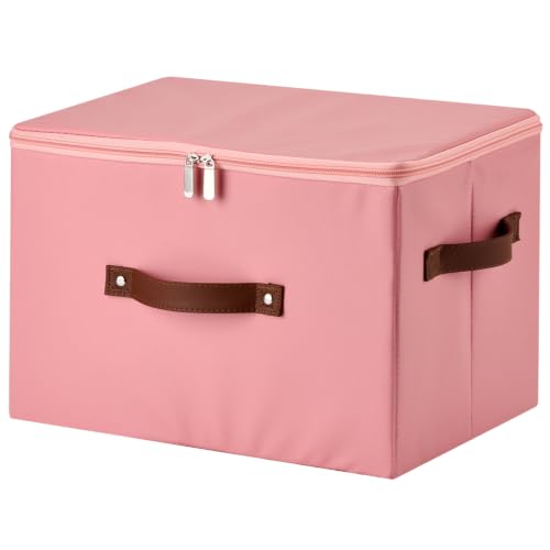 Storage Bins with Zipper Lid PU leather Storage Boxes Leather Fabric Collapsible Lidded Baskets Cube with Handle Decorative Shelves Closet Office Organizer Container(Pink, Large Size) - color: Pink, size: Large(set of 1)