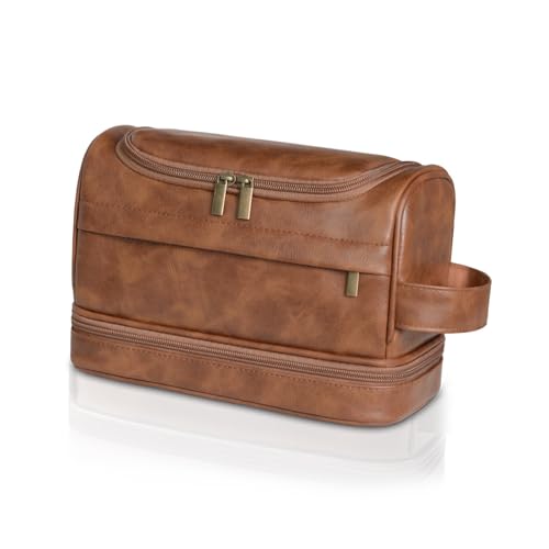 Toiletry Bag for Men,Large Leather Travel Pouch Bag with Hanging hook - color: Brown