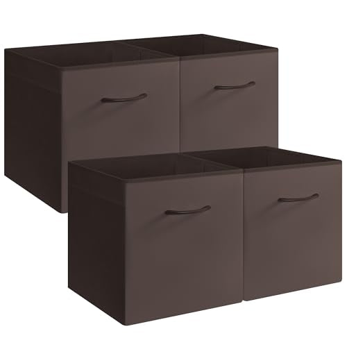 StorageWorks 13x13 Leather Cube Storage Bins, Brown, 4-Pack | Reinforced Handle & Front Panel, Faux Leather Front, Non-woven Fabric, Collapsible, Space-Saving, For Closet, Bedroom, Office - color: Brown, size: 13 Inch