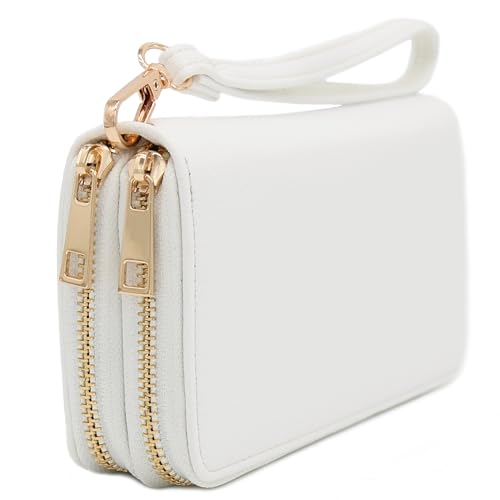 Double Zip Around PU Leather Wristlet Cell Phone Wallet - color: White