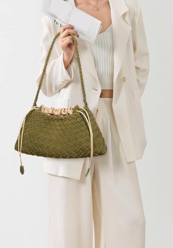 Woven Hobo Bags Women Trendy Suede Bucket Purse Shoulder Bag Tote Handbag - color: Suede-olive