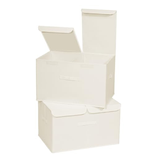 2 Pack Large Storage Boxes with Lids and Handles, Collapsible Linen Storage Bins Organizer Containers Baskets Cube with Removable Divider for Home Bedroom Closet Office (Cream, XL) - color: Cream, size: XL