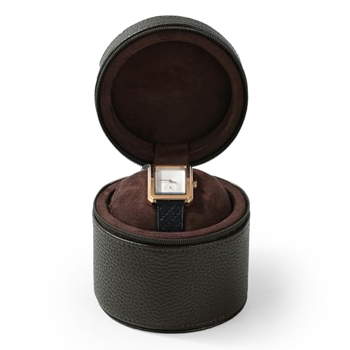 Oirlv Single Watch Travel Case Brown | Leather Exterior, Plush Pillow Fits All Wrist Sizes, Smooth Zipper Closure, Premium Stitching, Ideal for Travel Storage - color: Brown