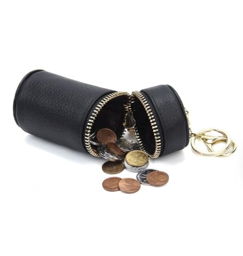 1 PCS Genuine Leather Cylinder Keychain for Women, Black Mini Lipstick Pouch & Car Key Holder, Fashionable Small Wallet for Coins, Chic Purse Accessory Gift