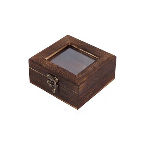 3.94×3.94×1.77 Inch Vintage Wooden Storage Box with Glass Lid Metal Clasp Saddle Brown Small Decorative Storage Display Case Keepsake Collector Box for Specimen Collectible Home Organization - style: 3.9 inch brown