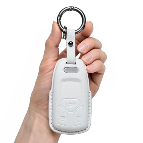 for Audi Key Fob Cover Genuine Leather with Keychain,Leather Key Case Protector Compatible with Audi A4 Q7 Q5 TT A3 A6 SQ5 SQ7 R8 S5 Smart Key Anti-dust Full Protection - style: White