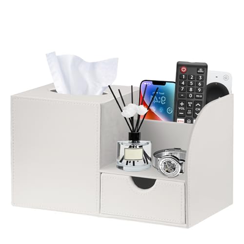 Nightstand Organizer with Tissue Holder,PU Leather Square Tissue Box Cover | Modern Facial Paper Organizer Storage Box for TV Remote Control,Bathroom,Vanity Countertop,End Table,Home and Office Decor - color: White Cowhide