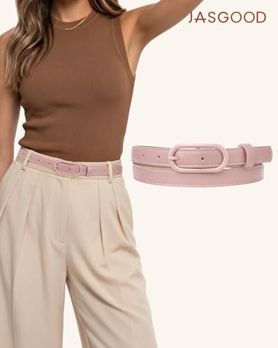 JASGOOD Women Skinny Belt for Jeans Dresses Fashion Thin Waist Belt with Oval Pin Buckle 0.7" Width - color: Pink, size: Fit waist size 32''-36''
