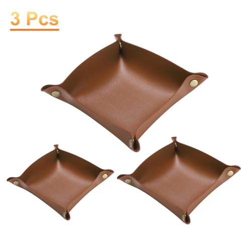 HARFINGTON 3pcs PU Leather Valet Tray Unisex Folding Mini Small Big Catchall Portable Entryway Table Nightstand Bedside Desk Tray for Key Wallet Watch Coin Jewelry Dice, Brown - color: Brown
