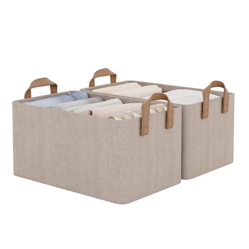 StorageWorks Storage Bins, Storage Baskets, Brown and Beige, 2-Pack | With Reinforced PU Handles, Metal Frame, Collapsible, Storage Basket for Shelves, Closet, Holds Clothes, Towels, Blankets - color: Brown and Beige, size: 14 ¾" L x 10 ¼" W x 8 ¼" H