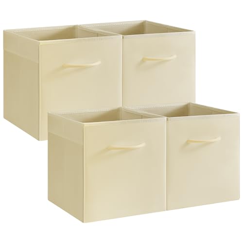 StorageWorks 11in Leather Cube Storage Bins, Beige, 4-Pack | Reinforced Handle & Front Panel, Faux Leather Front, Non-woven Fabric, Collapsible, Space-Saving, For Closet, Bedroom, Office - color: Beige, size: 11 Inch