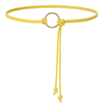 WHIPPY Women Skinny Leather Belts for Dresses Boho Thin Leather Knotted Waist Belt - color: Yellow, size: Fit Waist Size up to 53"
