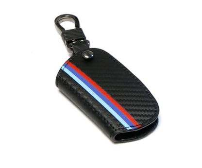 iJDMTOY Iconic 3-Color Stripe Black Carbon Fiber Pattern Leather Key Holder with Keychain Compatible With BMW 1 2 3 4 5 6 7 Series X3 Remote Fob - style: Compatible With 2 3 4 5 6 7 Series X1 X3 X4