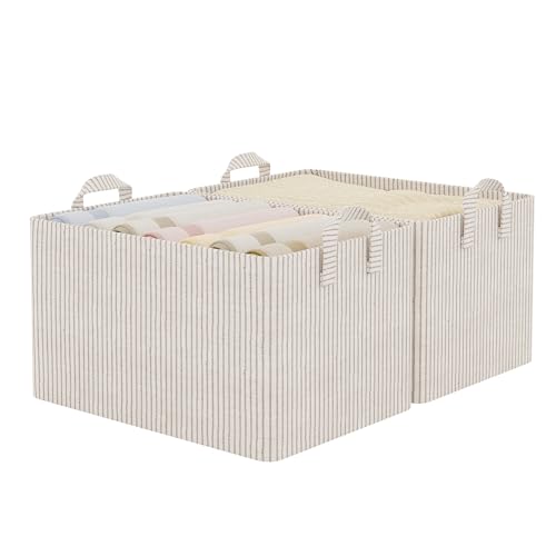 StorageWorks Storage Bins, Fabric Storage Bins for Shelves, Extra Large Storage Baskets with Metal Frame, Closet Baskets and Bins with Handles, Jumbo, Khaki and Beige Stripes, 2-Pack | Extra Large, With Reinforced Handles, Metal Frame, Collapsible, Basket