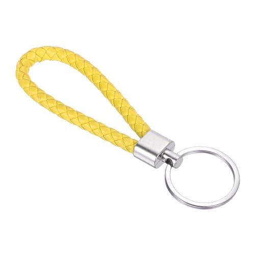 PATIKIL Braided Leather Keychain with Key Ring PU Woven Wristlet Lanyard Strap Fob Keyring Holder for Car Bag Wallet Pendant - color: Yellow