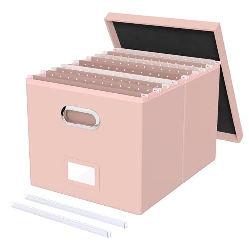 File Organizer Box with Lid, Portable Hanging File Box for Letter/Legal Files, Office/Decor/Home, Cream-pink (Leather), 1 Pack - color: Cream-pink(Leather), size: 1 pack
