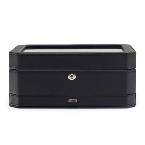 WOLF Windsor 10-Piece Watch Box with Drawer, Black - Features 10 Watch Compartments, Eight Ring Rolls & 17 Jewelry Compartments - Vegan Leather Exterior - color: Black