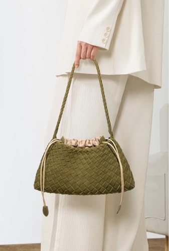 Woven Hobo Bags Women Trendy Suede Bucket Purse Shoulder Bag Tote Handbag - color: Suede-olive