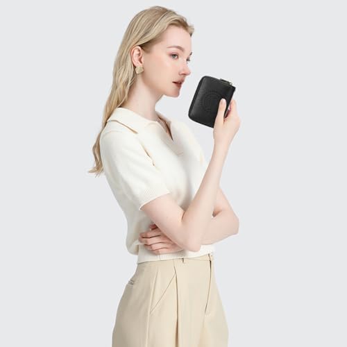 SENDEFN Leather Credit Card Holder Small Wristlet Woman Wallets RFID Blocking Double Zipper with ID Window - color: 1-Black