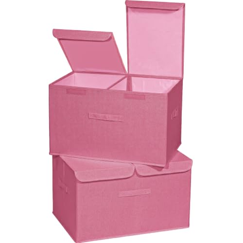 2 Pack Storage Boxes with Lids and Handles, Collapsible Linen Storage Bins Organizer Containers Baskets Cube with Removable Divider for Home Bedroom Closet Office (Pink, XL) - color: Pink, size: XL