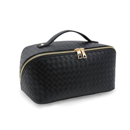 Travel Makeup Bag – Large Cosmetic Organizer with Waterproof PU Leather, Smooth Double Zipper & Tear-Resistant Lining, Toiletry Pouch for Women (Black) - color: 03-Black