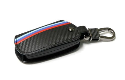iJDMTOY Iconic 3-Color Stripe Black Carbon Fiber Pattern Leather Key Holder with Keychain Compatible With BMW 1 2 3 4 5 6 7 Series X3 Remote Fob - style: Compatible With 2 3 4 5 6 7 Series X1 X3 X4