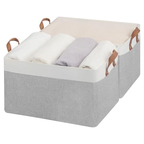 StorageWorks Fabric Storage Bins, Gray and White, Extra Large, 2-Pack | With Reinforced PU Handles, Metal Frame, Collapsible, Storage Basket for Shelves, Closet, Holds Clothes, Towels, Blankets - color: Gray and White, size: 19" L x 13 ¼" W x 11" H