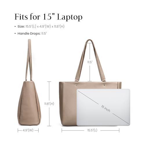 befen Genuine Leather Work Tote Bag for Women with 15" Compartment | Real Leather, 15" Laptop Sleeve, Trolley Strap, Zipper, Cup Holder - color: Taupe