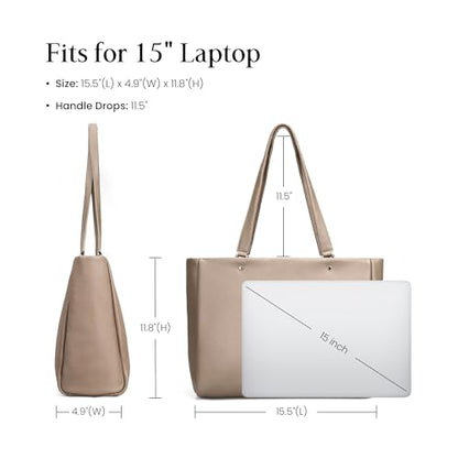 befen Genuine Leather Work Tote Bag for Women with 15" Compartment | Real Leather, 15" Laptop Sleeve, Trolley Strap, Zipper, Cup Holder - color: Taupe
