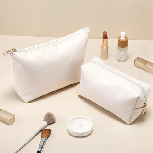 Kigeli 2 Pcs PU Leather Makeup Bag Set for Women Waterproof Aesthetic Cosmetic Bag Large & Small Travel Toiletry Organizer Pouch Skincare Organizer Bridesmaid Mother's Day Birthday Gift(Beige) - color: Beige