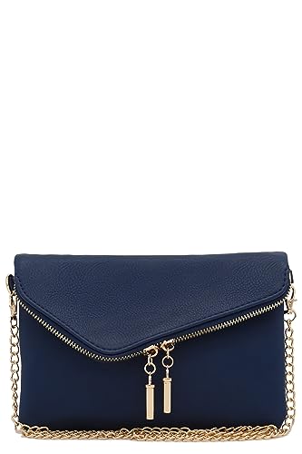 FashionPuzzle Envelope Wristlet Clutch Crossbody Bag with Chain Strap - color: Navy