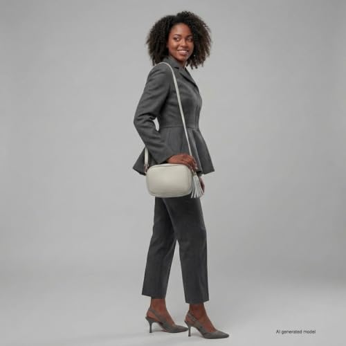 Italian Full-Grain Leather Crossbody Bag for Women, Small Purse | Soft genuine pebbled leather, structured body, camera bag style, zip top, gold-tone hardware, adjustable strap, inside pocket - color: Beige