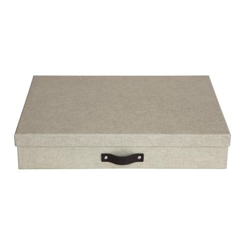 Bigso Sverker Fiberboard Legal/Art Storage Box - Scrapbook Storage Box for Papers, Photos, and More - Durable Keepsake Boxes with Lid and Leather Handle - 3.3in x 17.1in x 12.2in - Linen