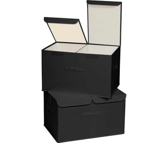 2 Pack Storage Boxes with Lids and Handles, Collapsible Linen Storage Bins Organizer Containers Baskets Cube with Removable Divider for Home Bedroom Closet Office (Black, XL) - color: Black, size: XL