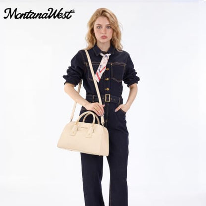 Montana West Structured Satchel Bag for Women, Top Handle Crossbody Purse - color: Tan