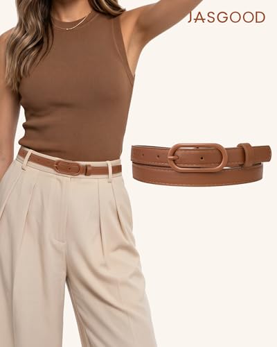 JASGOOD Women Skinny Belt for Jeans Dresses Fashion Thin Waist Belt with Oval Pin Buckle 0.7" Width - color: Brown, size: Fit waist size 32''-36''