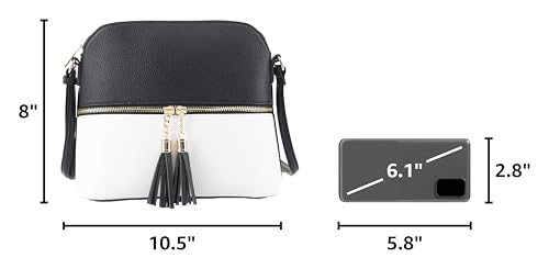 SG SUGU Lunar Lightweight Medium Dome Crossbody Bag Shoulder Bag with Tassel | Zipper Pocket | Adjustable Strap - color: Black / White